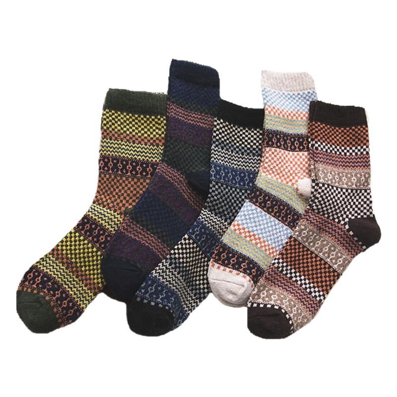Autumn and winter warm Men's wool socks Amazon cross-border foreign trade tube men's socks small squares retro ethnic style