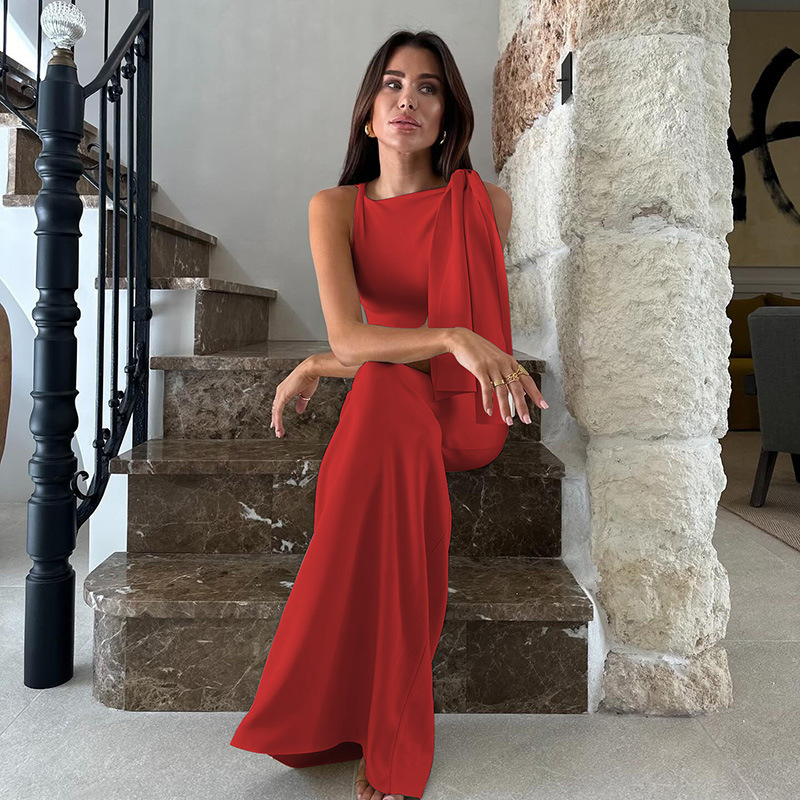 Cross-Border New European and American Clothing Amazon Best-Selling Long Skirt Temu Pure Color Fashionable Elegant Party Dress Dress