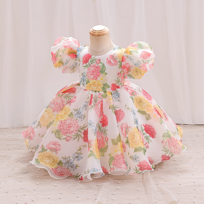 2025 Cross-border New Girls' Dress European and American Puff Sleeve Princess Dress Children's Floral Mesh Tutu Dress dress