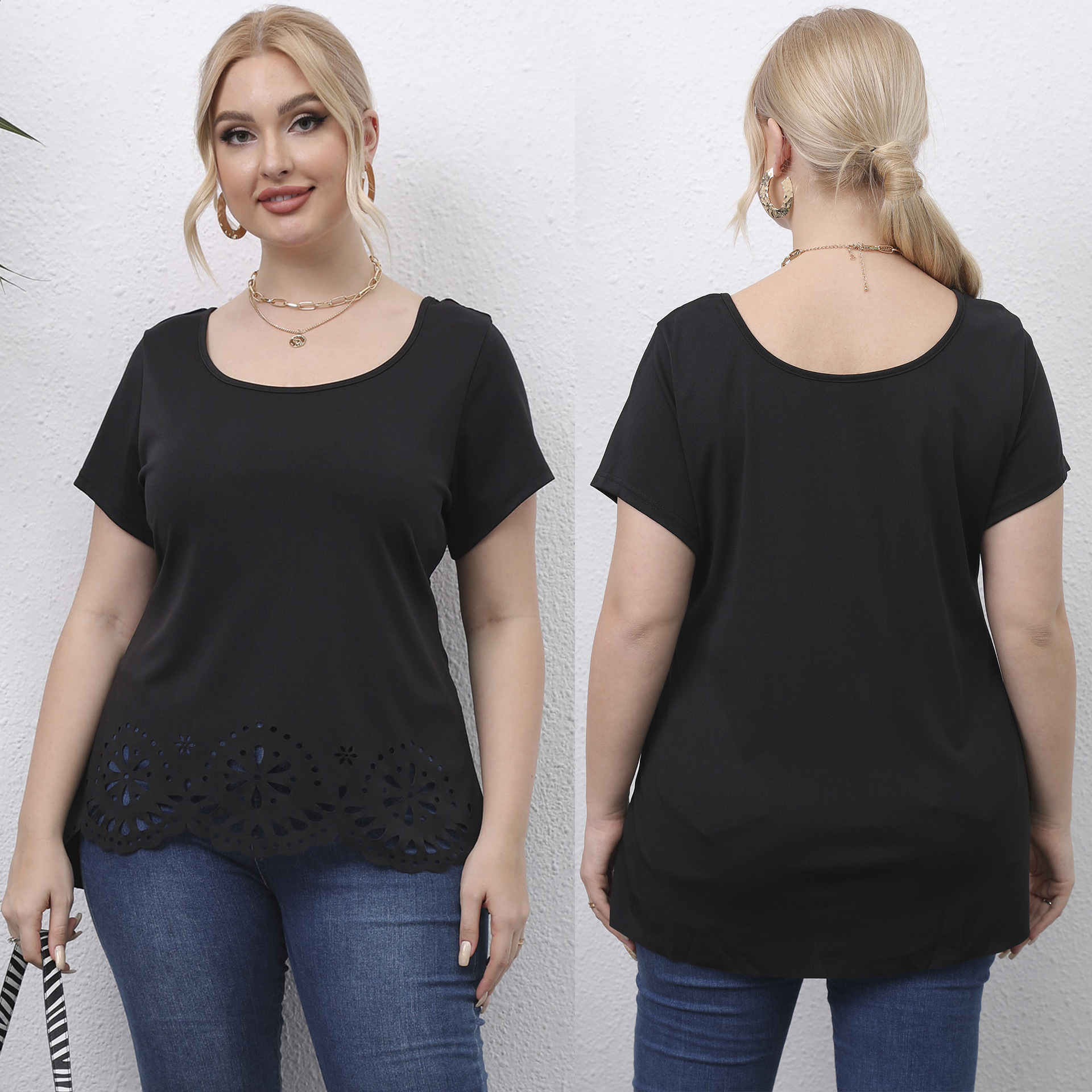 Cross-border supply manufacturers Europe and the United States large size women's round neck burned flower hollow short sleeve jacket casual T-shirt 202102