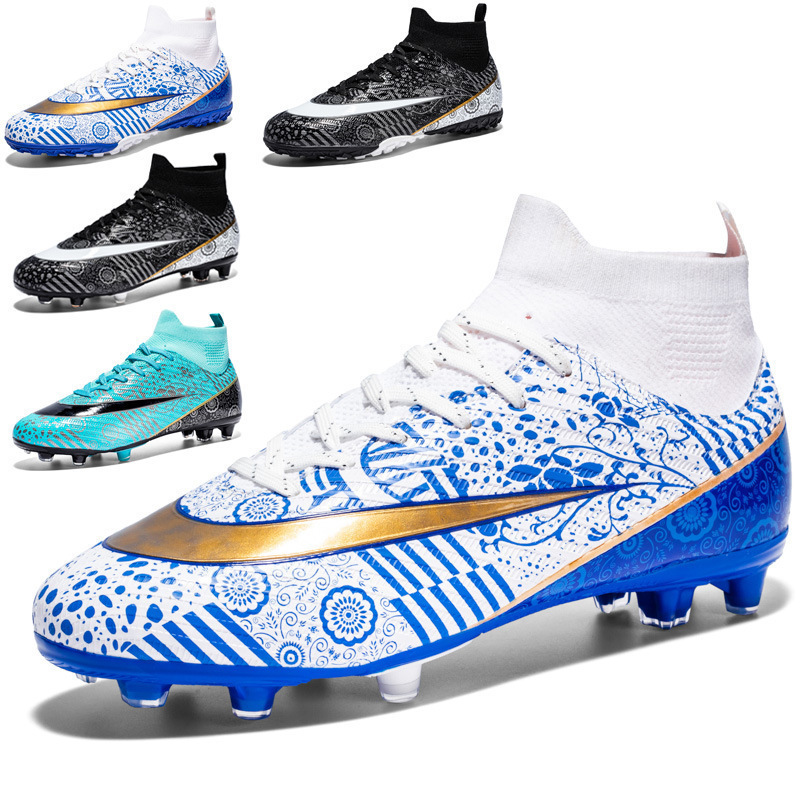 Cross-Border Blue and White Porcelain World Cup Football Shoes Men's High-Top Broken Nails Youth Student Training Shoes Ag Long Spike Sneakers