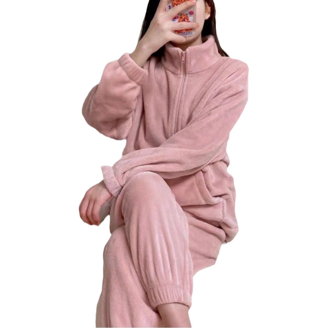 Coral Velvet Pajamas for Women in Autumn and Winter, Zipper Cardigan, Flannel Home Clothes Set, Couple Style, Thickened and Warm