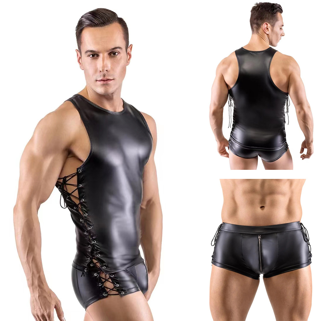 Sexy lingerie men's paint leather suit sexy black strap vest shorts stage bar performance clothes top pants
