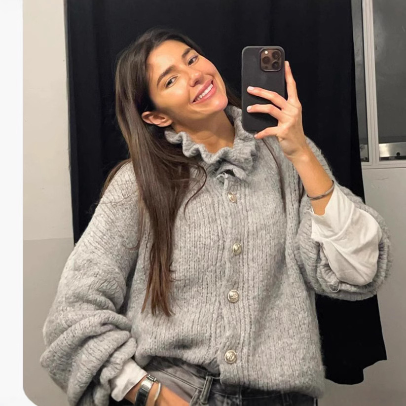 European and American Cross-border Autumn and Winter Women's College-style Crewneck Knitted Sweater Loose Sweater Cardigan Coat Elegant Ruffled Thickened