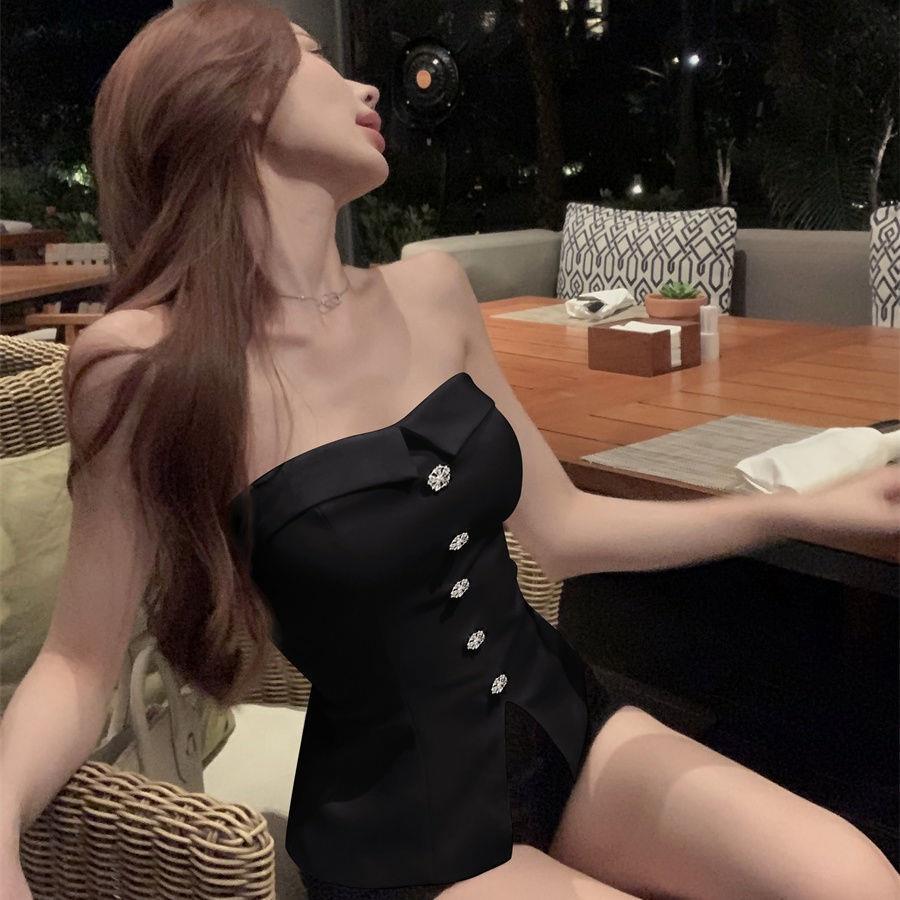 Satin Hot Spring and Summer Bra Outer Wear Sleeveless French Diamond Buckle High-End Tube Top Slit Camisole for Women