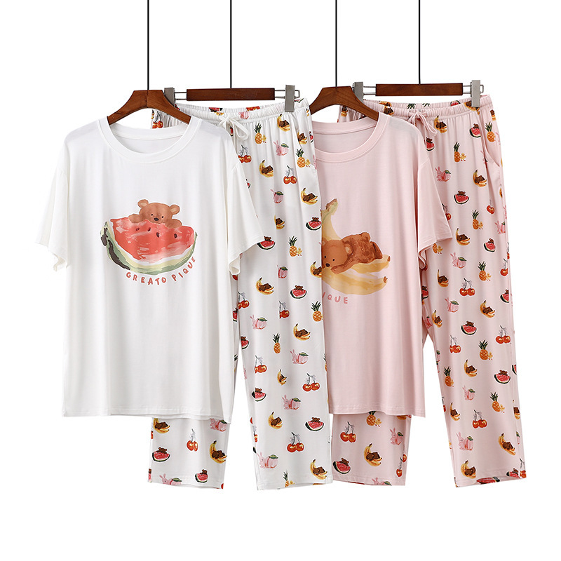 Modal Pajamas Women's Summer Short-sleeved Cropped Pants Cartoon Watermelon Banana Bear Printed Home Wear Thin suit