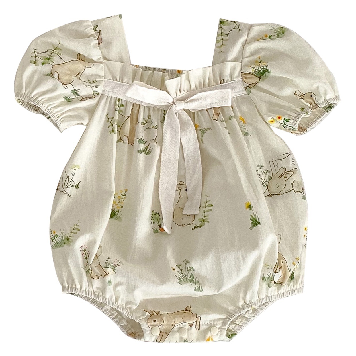 ins Summer Baby Girl Set Cute Rabbit Print Short Sleeve Doll Shirt + Lace Bread Shorts Two-Piece Set