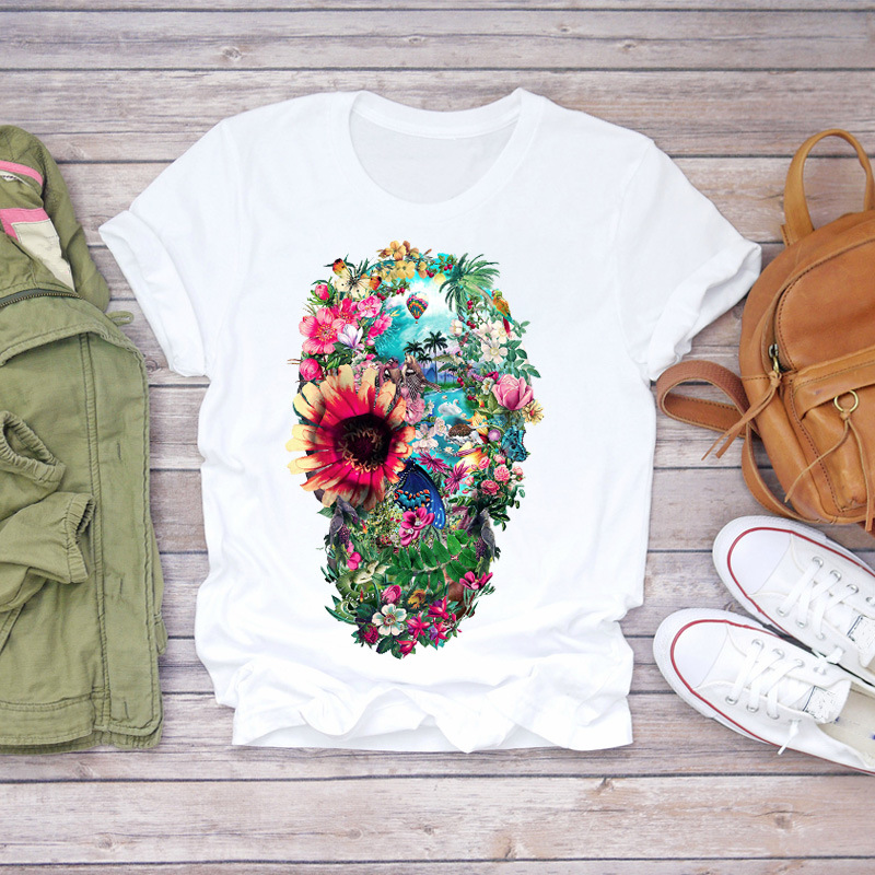 Skull fashion skull butterfly plant printed T-shirt short sleeve women's foreign trade cross-border wish/ebay Amazon