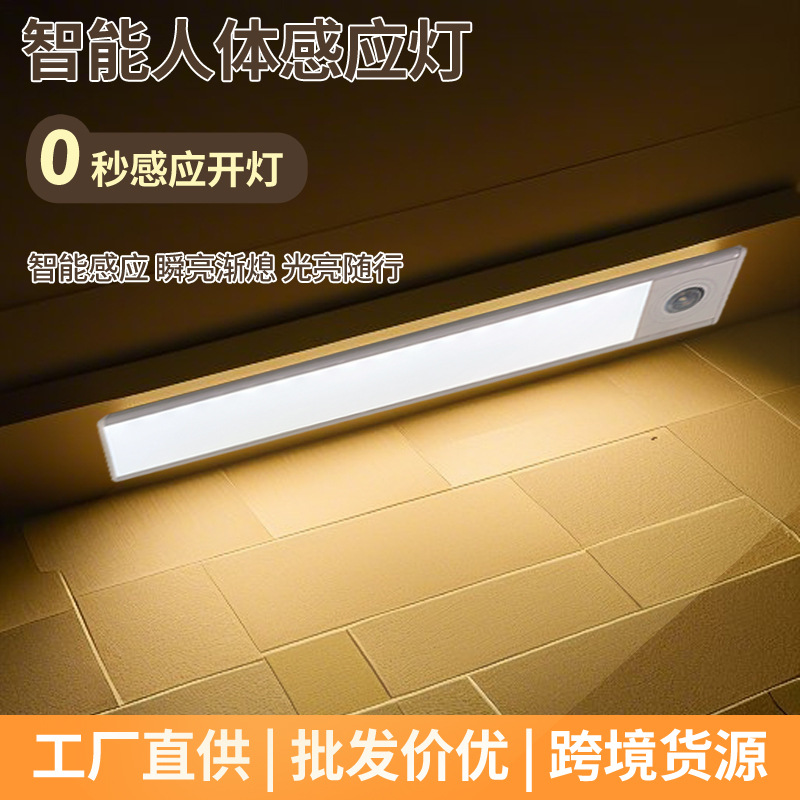 Three-Color Dimming Human Body Sensor Led Rechargeable Long Cabinet Wardrobe Stair Sensor Night Light That Lights up When People Come