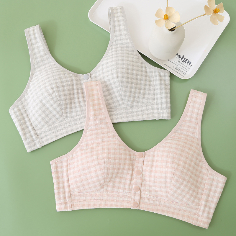 Zhangyan Middle-aged and Elderly Bra Plaid Vest Comfortable Cotton Bra Elastic Soft Cotton Padded Front Buckle Chest Pad