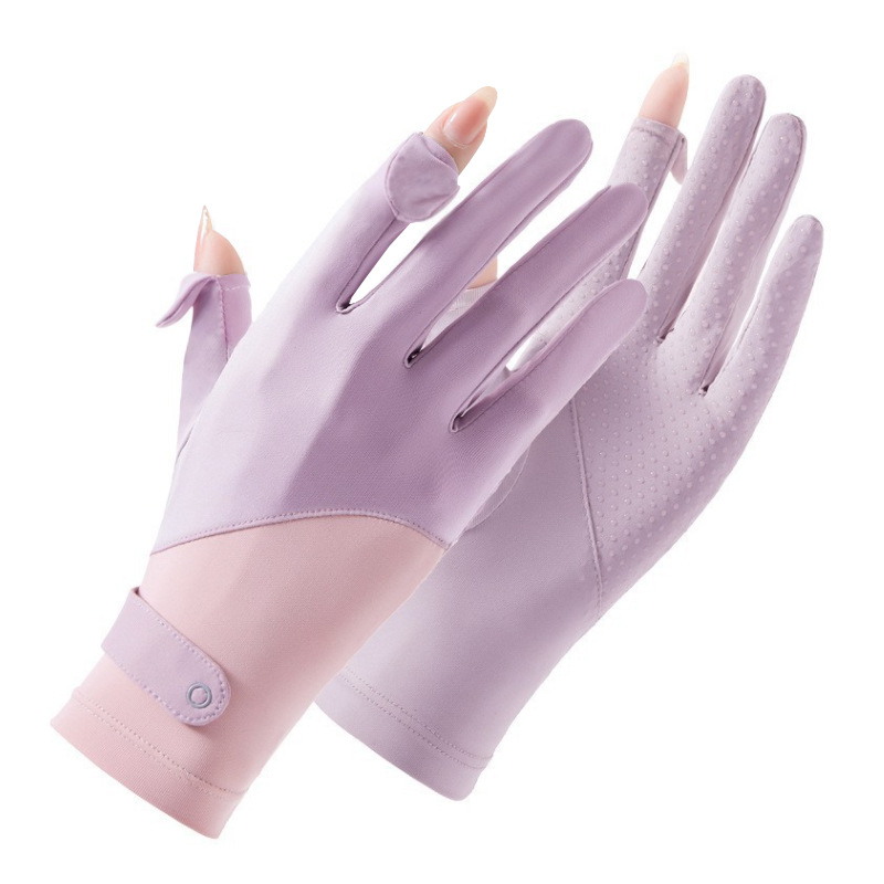 Cycling gloves women's thin quick-drying sunscreen Ice Silk gloves mid-length non-slip driving open finger color matching leak two fingers