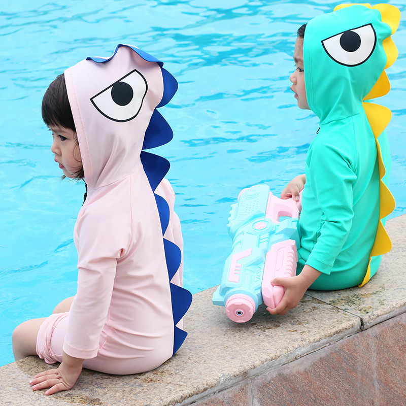 Children's Swimwear Girls' Cartoon Dinosaur Hooded Sun Protection Boys' One-piece Long-sleeved Swimwear Hot Spring Baby Swimwear