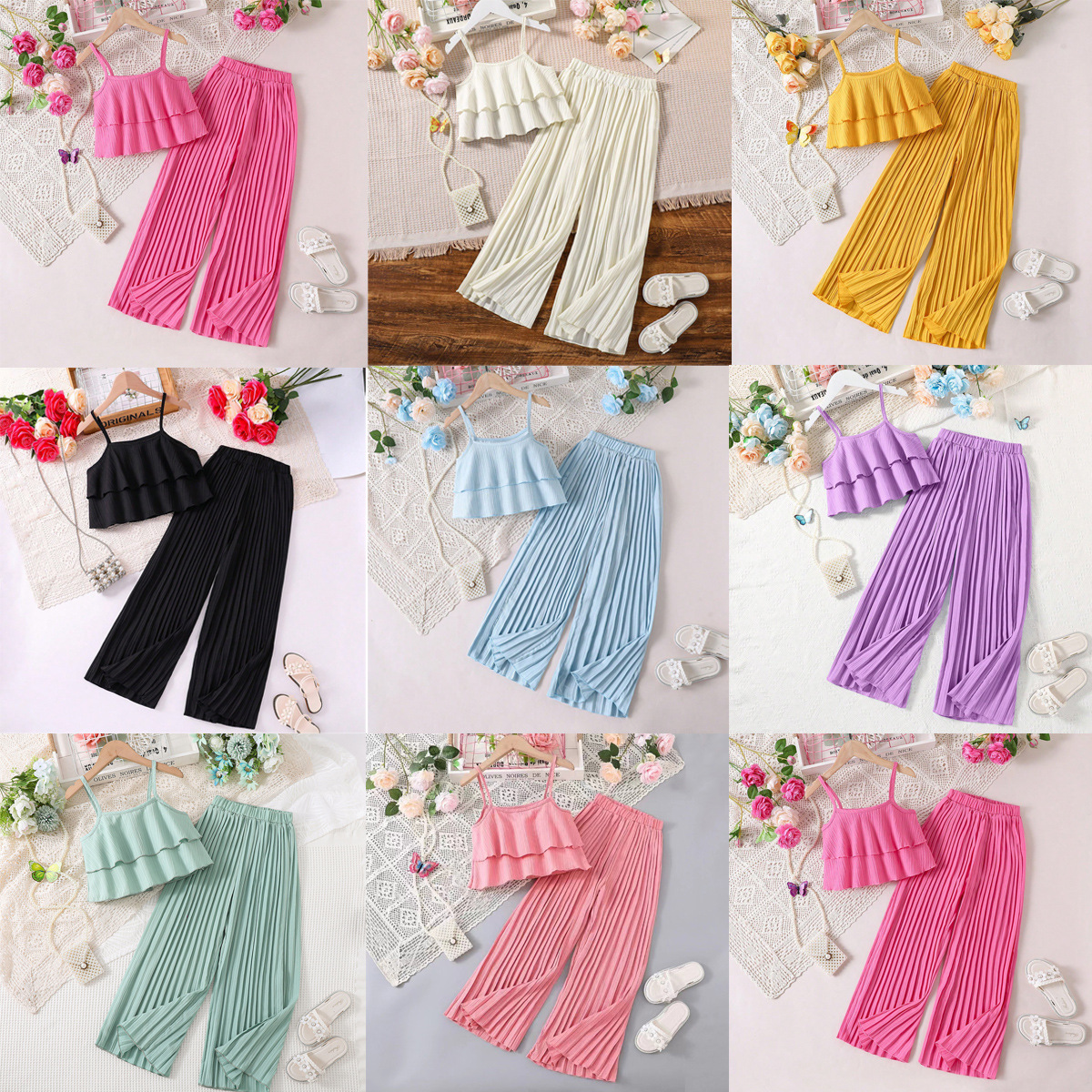 Girls suit Summer Short Sling Pleated Trousers Two suit Explosions Children's Wear Summer Children's Sweet suit