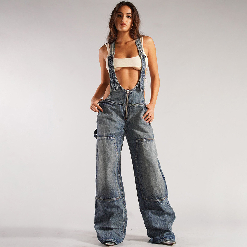 Picture of Women's Denim Jumpsuit Amazon Cross-Border Women's Street Multi-Pocket Overalls Loose Waist Straight Pants