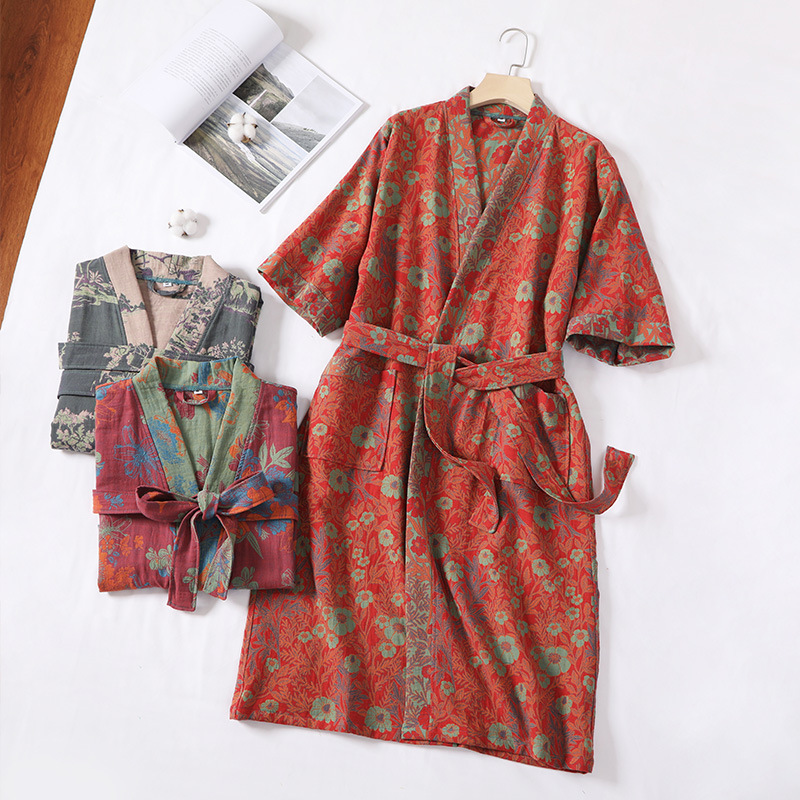 Picture of Pure Cotton Double Gauze Bathrobe Class A Thin Pajamas for Spring and Summer Home Clothes Nightgown Couple's Water Absorbent Quick-drying Bathrobe