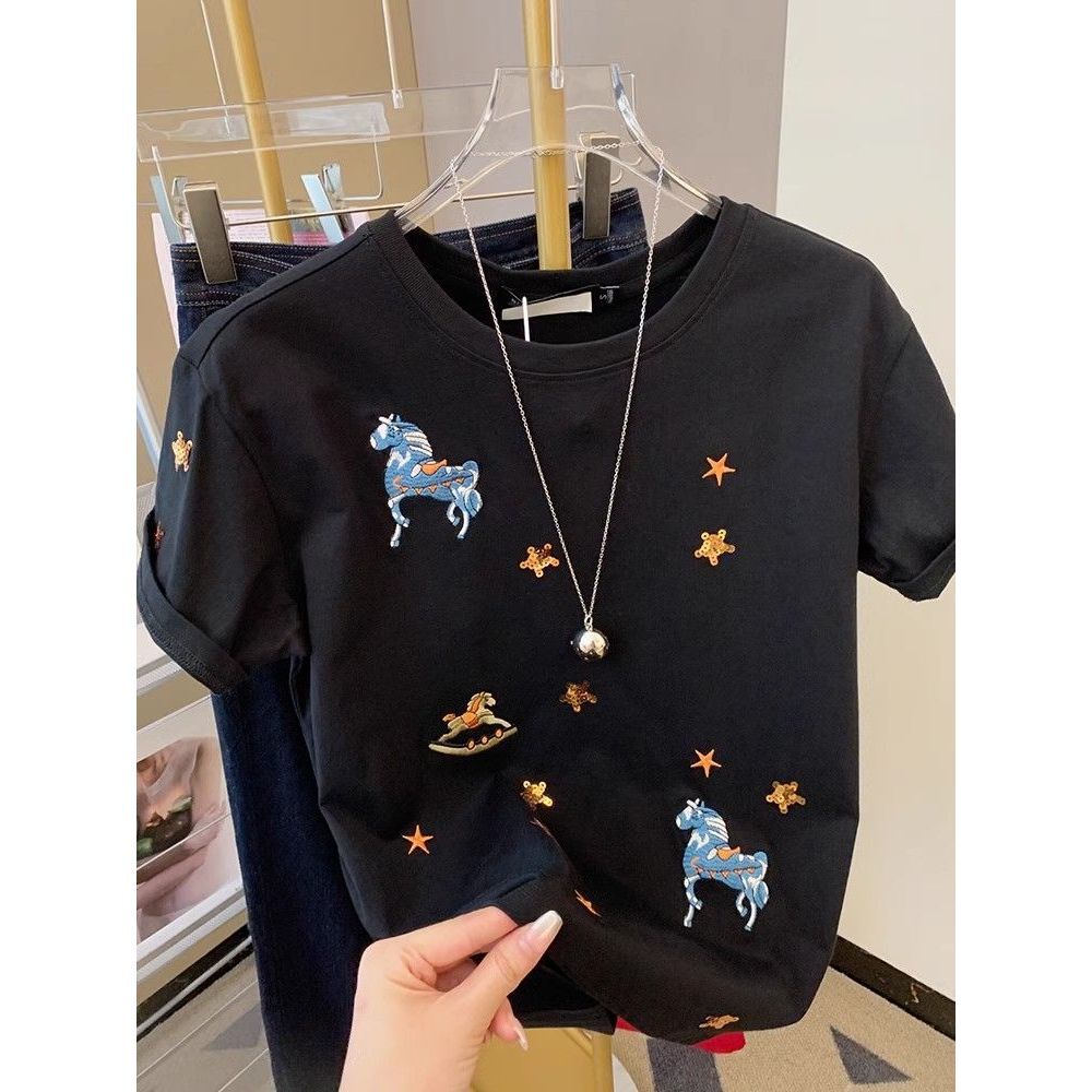High-end summer cotton short-sleeved cotton black T-shirt 2025 new women's high-end wear jacket European goods