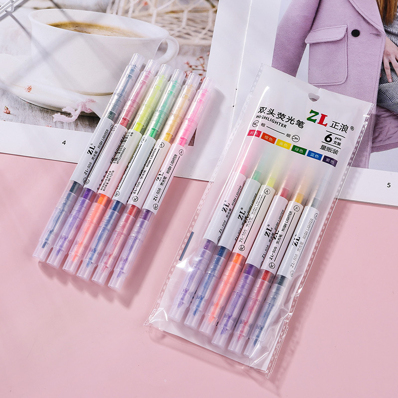 Picture of Color double-head highlighter 6-color Student color pen key marking pen oblique head highlighter watercolor pen
