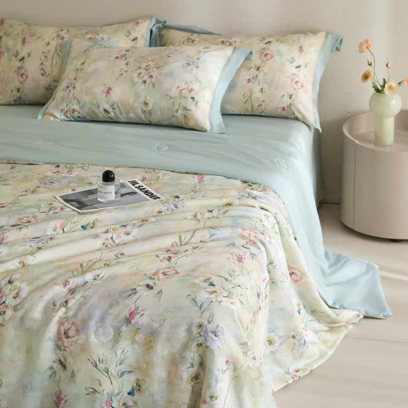 Picture of Super Cool Lenzing Tencel Summer Cool Quilt Four-Piece Set A-Type Pink Floral Ice Silk Air-Conditioned Quilt Thin Quilt Machine Washable 4
