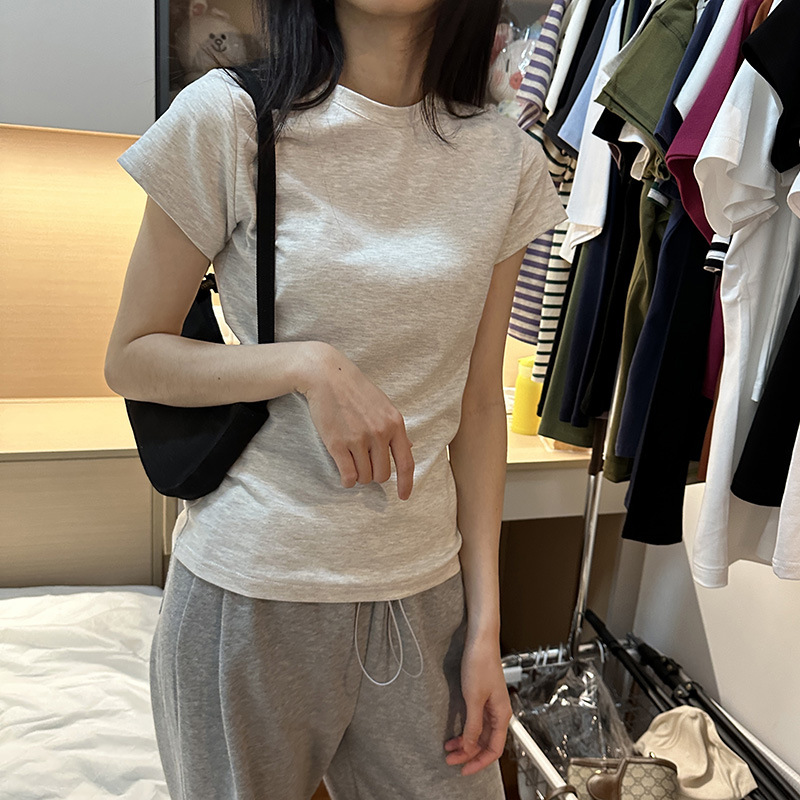 Picture of Right Shoulder Slimming Look Basic Pure Cotton Ribbed Cotton T-Shirt Women's Student Bottoming Shirt with Slim Short-Sleeved Top