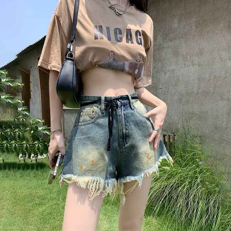 Rapped Denim Shorts Women's Summer New Spice Girls High Waist Slimming American Style Retro Washed Old a-Shaped Wide-Leg Hot Pants