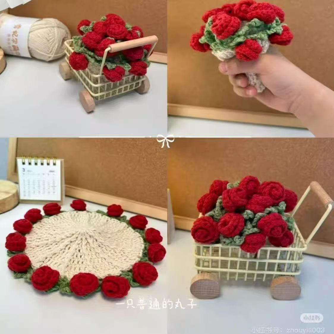Handmade Wool Diy Rose Bouquet Coaster Material Bag Crocheted Coaster Variable Hand-held Bouquet Creative Gift Weaving