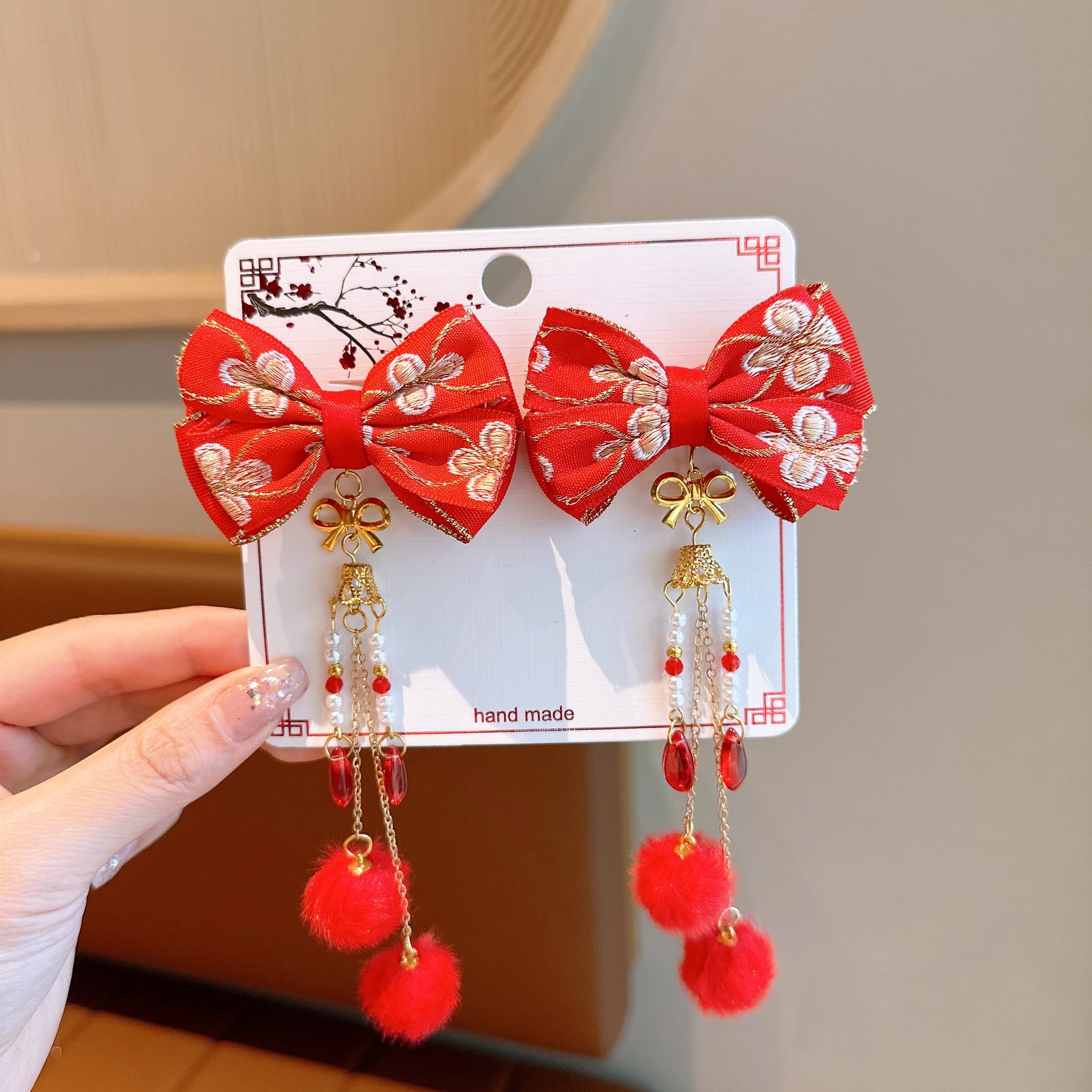 Picture of New Year Hanfu Hairpin Little Girl Happy New Year Plush Hairpin Girl Bow Hair Accessories Baby Antique Headwear
