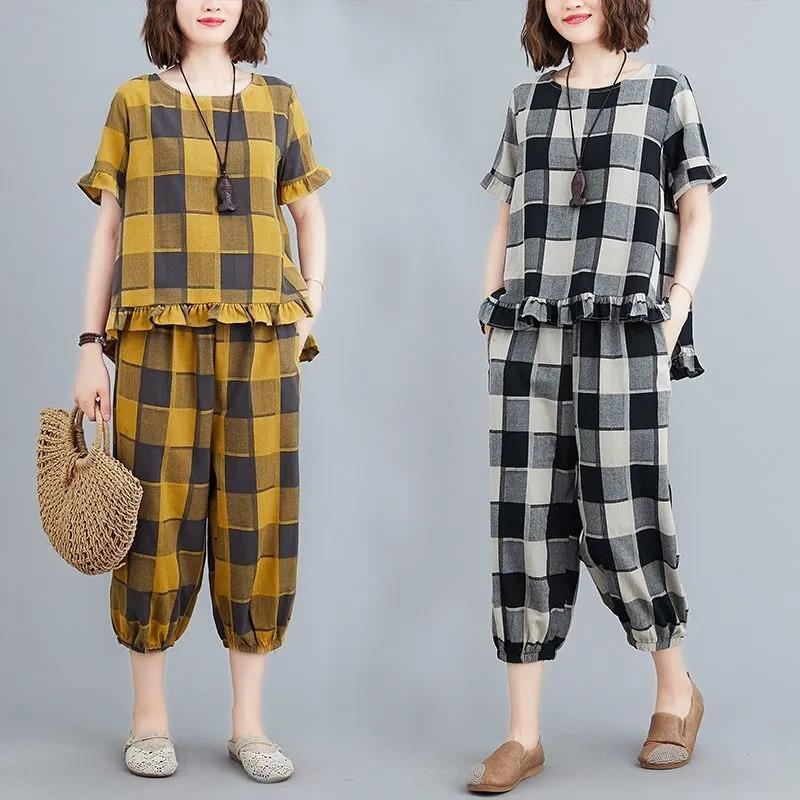 Suit artificial cotton 2024 Summer new plaid plus size women's casual fashion suit top pants two-piece suit