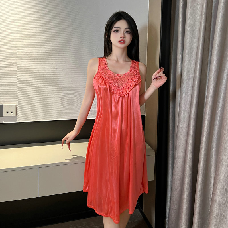 New Sleeping Sexy Clothes Women's High-end Lace Sleeveless Nightgown Loose plus size Nightgown Ice Silk Sling Nightgown 4002