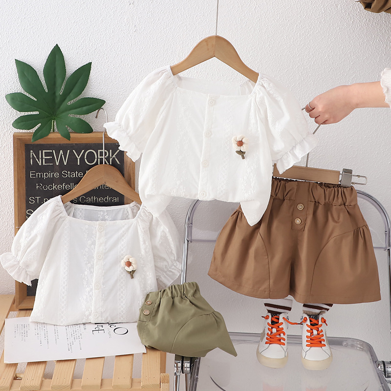 Summer short-sleeved suit Korean children's clothing girls baby casual three-dimensional flower short-sleeved thin two-piece direct sales