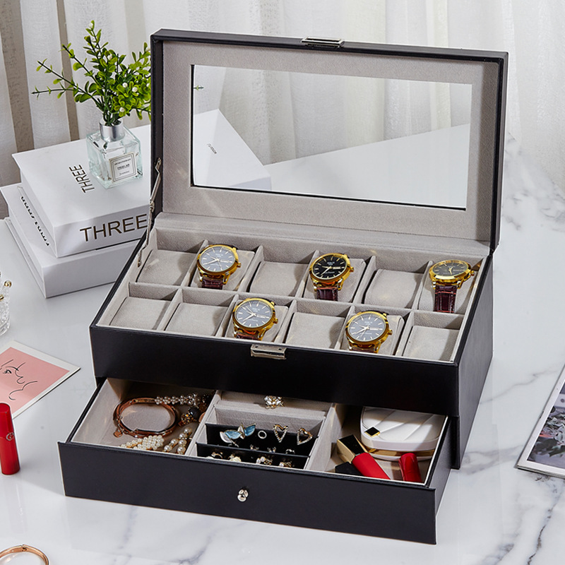 Leather 12-Bit Watch Box Double-Layer Drawer Dust-Proof Glass Cover Machine Ring Watch Watch Watch Men's Watch Display Box