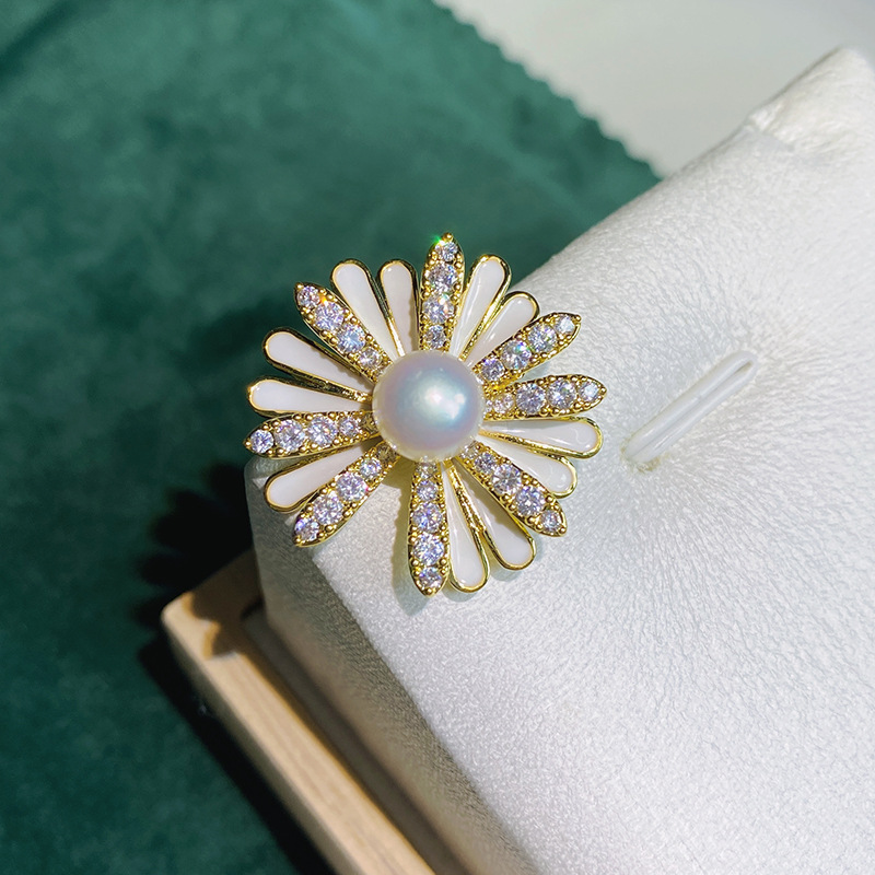 [DIY accessories] copper gold-plated zircon Daisy sunflower stab pin brooch collar pin 7-8mm Pearl chest receptacle