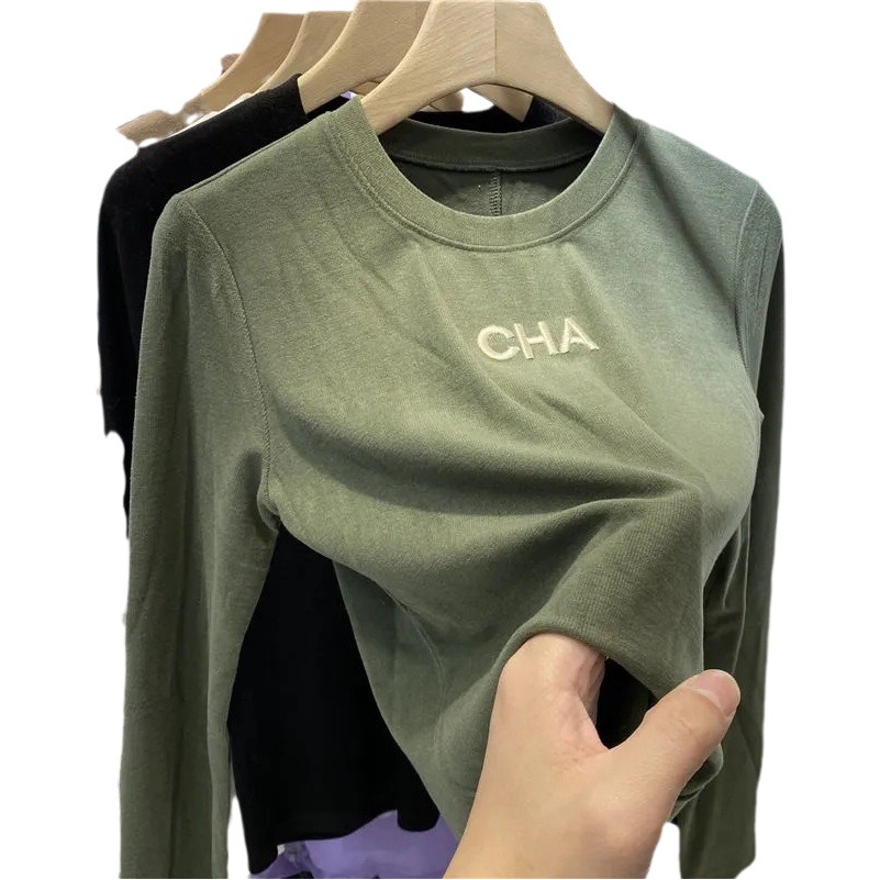 Double-sided Velvet Letter Embroidered Long-sleeved T-shirt Women's Autumn New Round Neck fleece-lined Thickened Inner Base Shirt Top