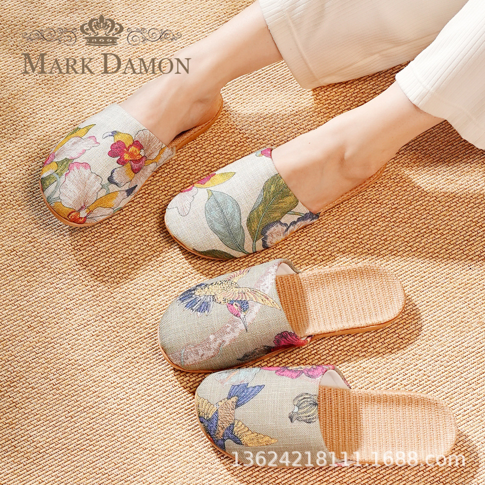 Chinese Style Printed Linen Slippers for Women, Baotou Home Non-Slip, Anti-Odor Soft Bottom Home Slippers for Men and Couples
