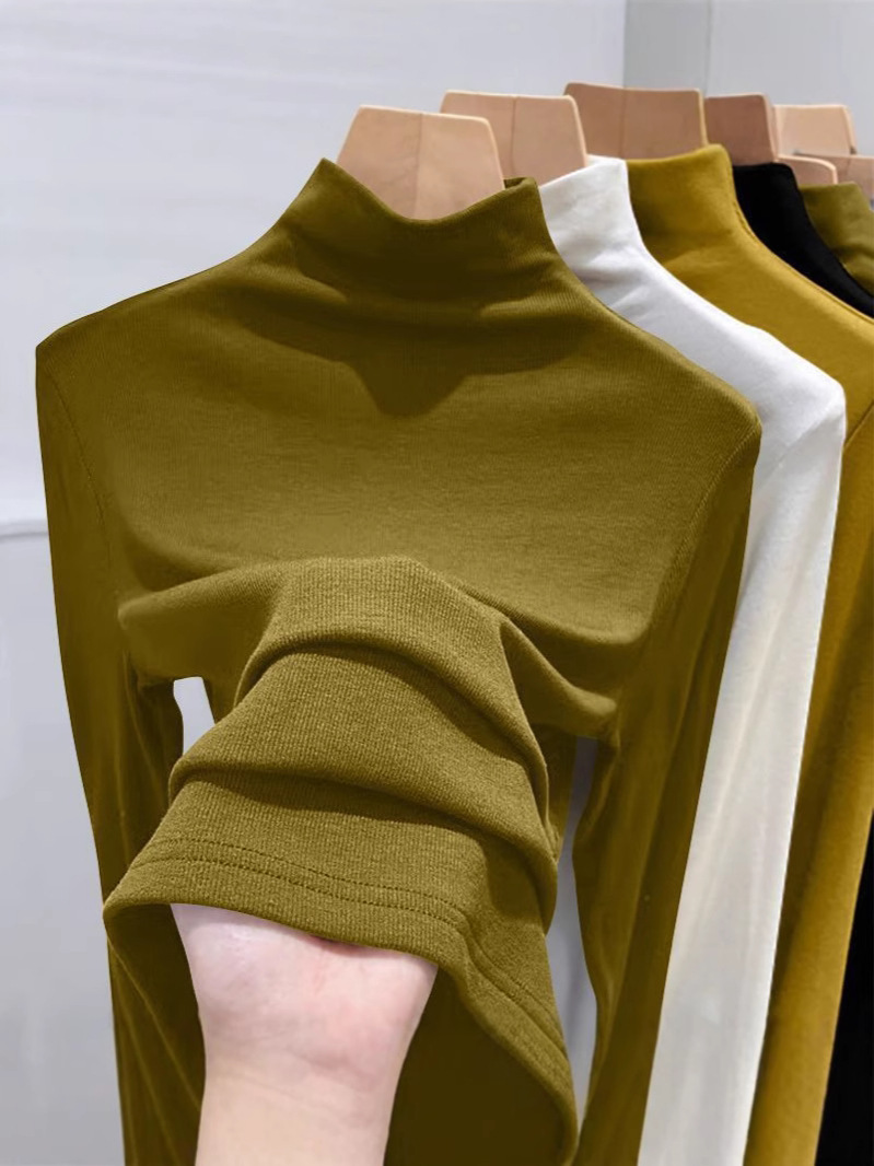 Picture of 180g Threaded Semi-high Collar Base Shirt Women's New Spring Autumn and Winter Fashion Long Sleeve T-shirt Slim Fit Velvet Inner Top