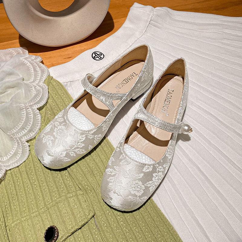 835 Huidong Yixinda Tuberose_National Style New Chinese Style Pearl Strap Square Toe Jacquard Mary Jane Shoes