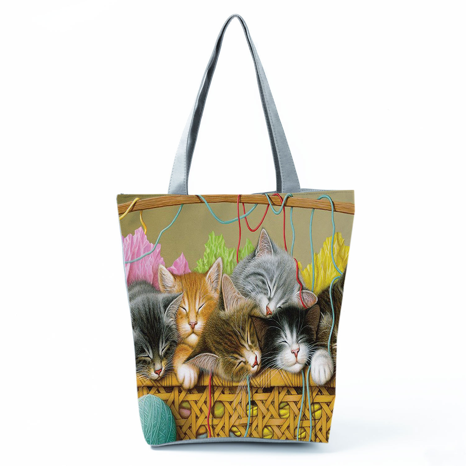 Picture of New cute flower cat printed shoulder bag portable travel storage bag large capacity outdoor tote bag