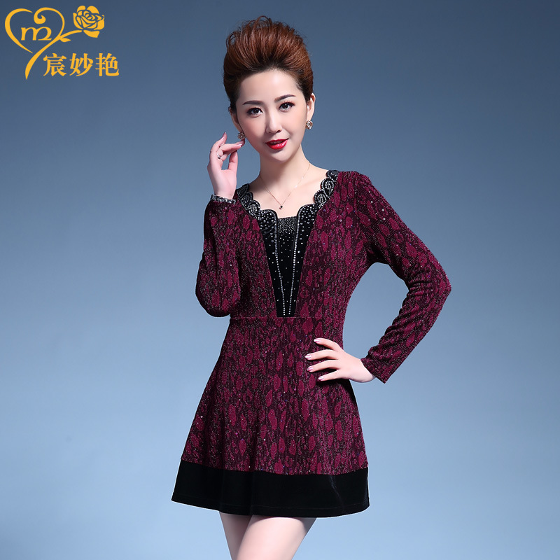 Picture of Chen Miaoyan middle-aged and elderly women's dress long velvet stitching long sleeve Korean plus size base skirt wholesale