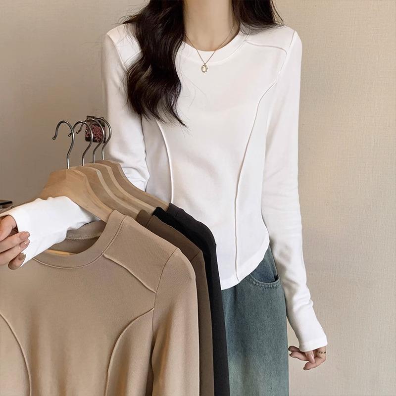 Curved printed short T-shirt women's long-sleeved autumn and winter inner wear thickened brushed velvet bottoming shirt top JI256