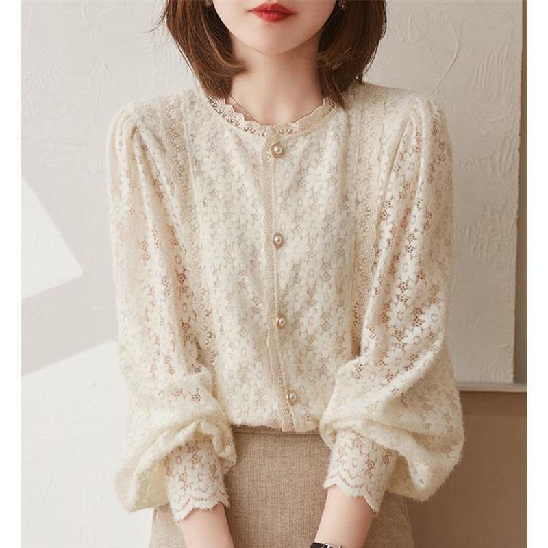 2021 Spring and Autumn French Gentle Stitching Lace Round Neck Flower Flocking Lace Top