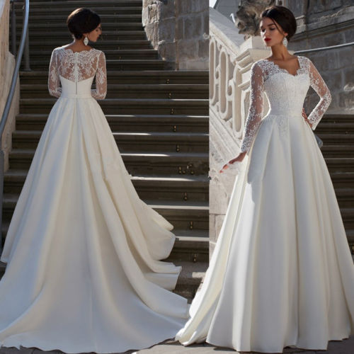 Foreign Trade V Neck Long-Sleeved Wedding Dress 2025 Spring New European Style Simple Trailing Floor Slimming Look Bridal Lace