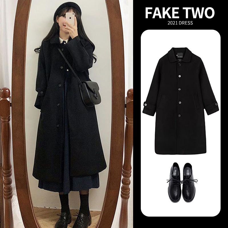 Coat for women 2023 new British style trench coat mid-length small black Hepburn style woolen coat for women autumn and winter