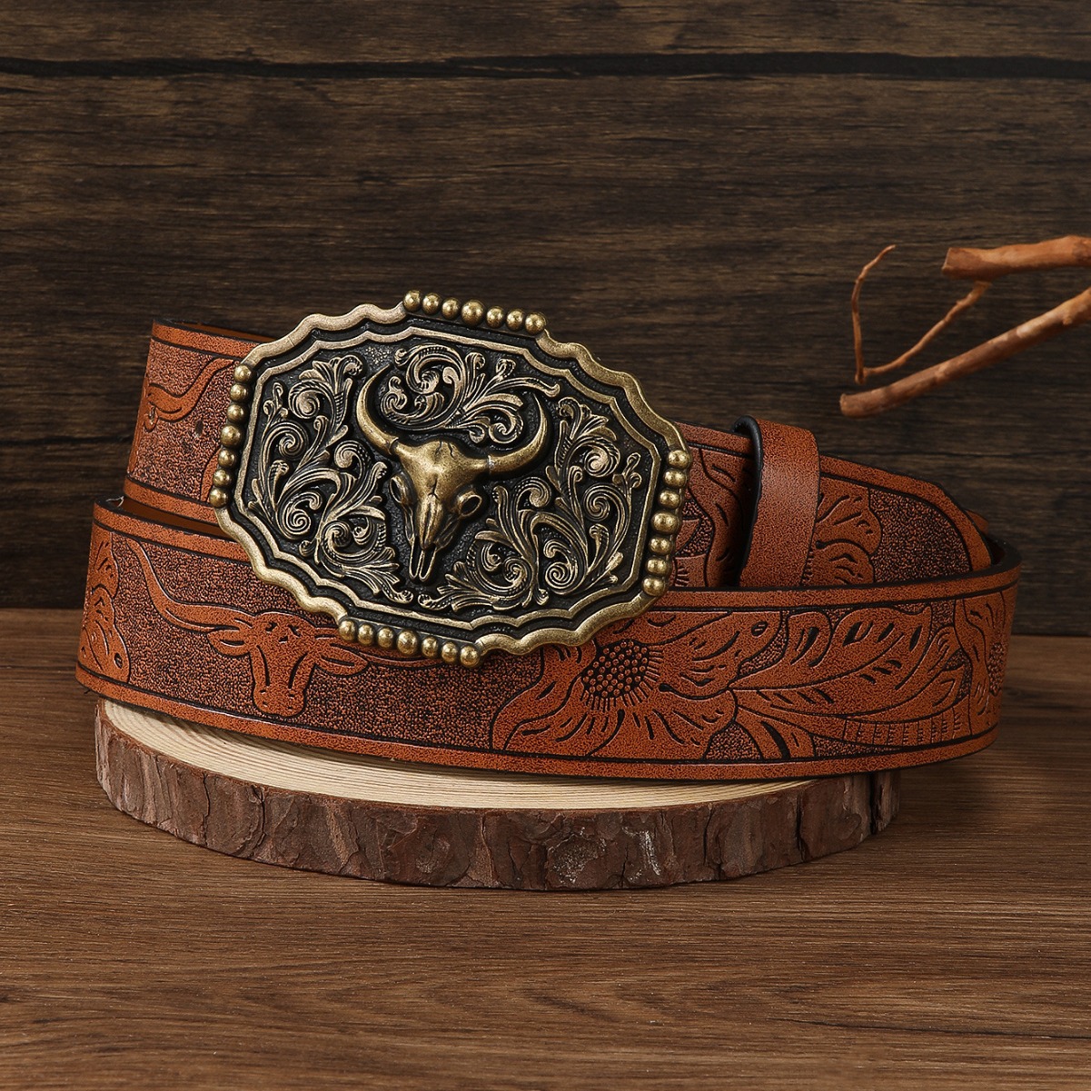 Cross-border western Denim style belt new bull head alloy buckle pu bull head embossed belt universal trendy leather