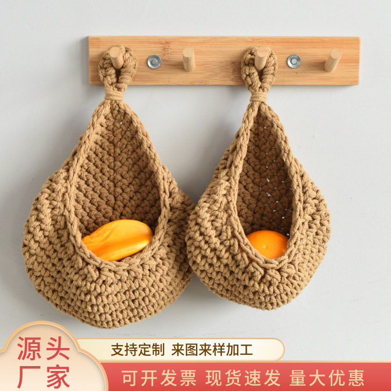 Picture of Water Drop Net Pocket Hand Woven Bird Nest Net Cotton Rope Hemp Rope Crocheted Fruit Storage Bag Vegetable Plant Wall Hanging Pocket