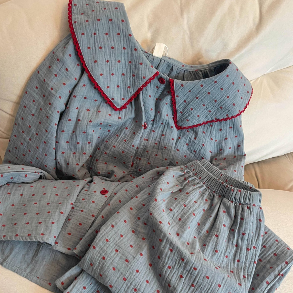 Vintage Sweet Large Lapel Polo Dot Pajamas Women's Spring and Autumn Long Sleeve Trousers Gray Blue Home Clothes Two-piece Set
