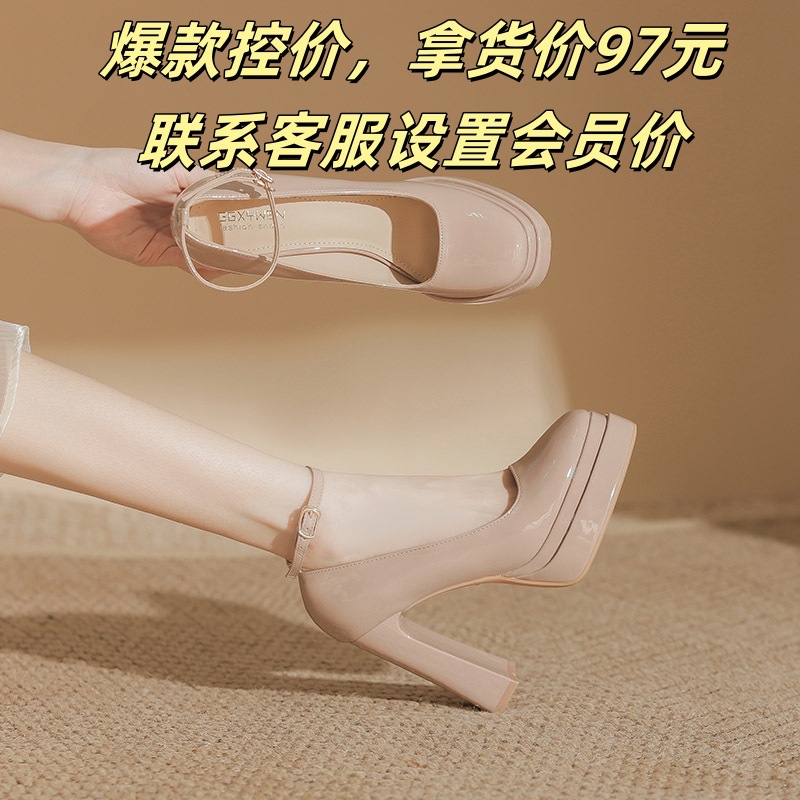 8035 Mary Jane Double-layer Waterproof Platform Square Head Thick Heel with Thick Sole Height Increasing Not Tired High-heeled Shoes for Women