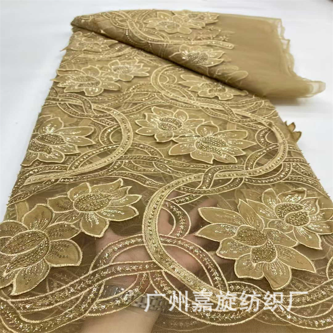 Chinese Style Lotus Sequin Bead Tube Embroidered Cloth African Wedding Dress Cheongsam Han Dynasty Fabric African Lace