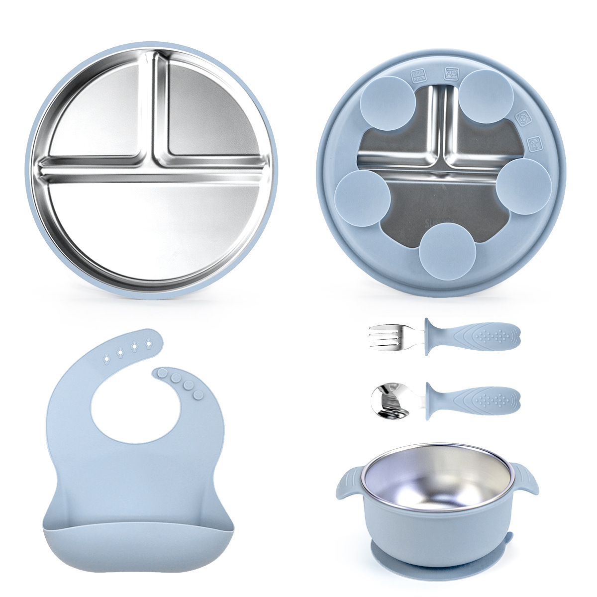 Picture of Cross-Border Baby Dinner Plate Baby Suction Cup Kidsren's Tableware Set Divided Plate Anti-Fall 304 Stainless Steel Silicone Bowl
