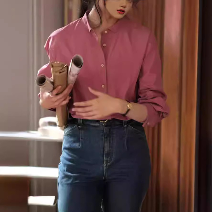 French retro cotton thickened stand collar shirt for women 2024 spring new long sleeve shirt loose all-match top