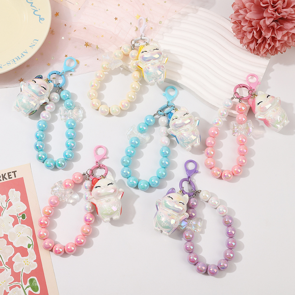Picture of Girl heart lucky cat beads keychain two-color pearl beaded mobile phone chain bag keychain pendant
