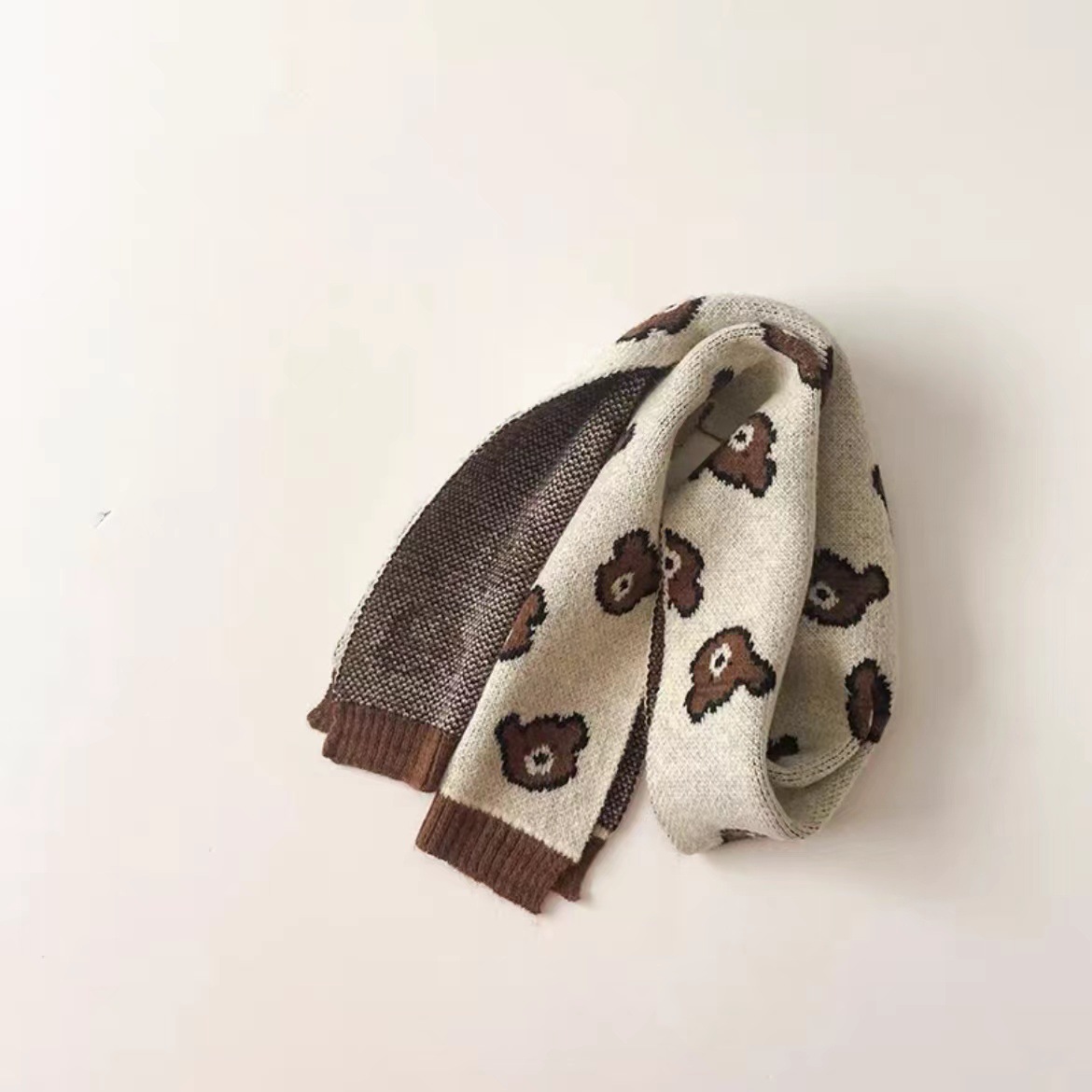 Picture of Children's Woolen Scarf Korean Style Color-Blocked Stripesd Knitted Embroidered Korean Bear Cute Woolen Scarf for Boys and Girls